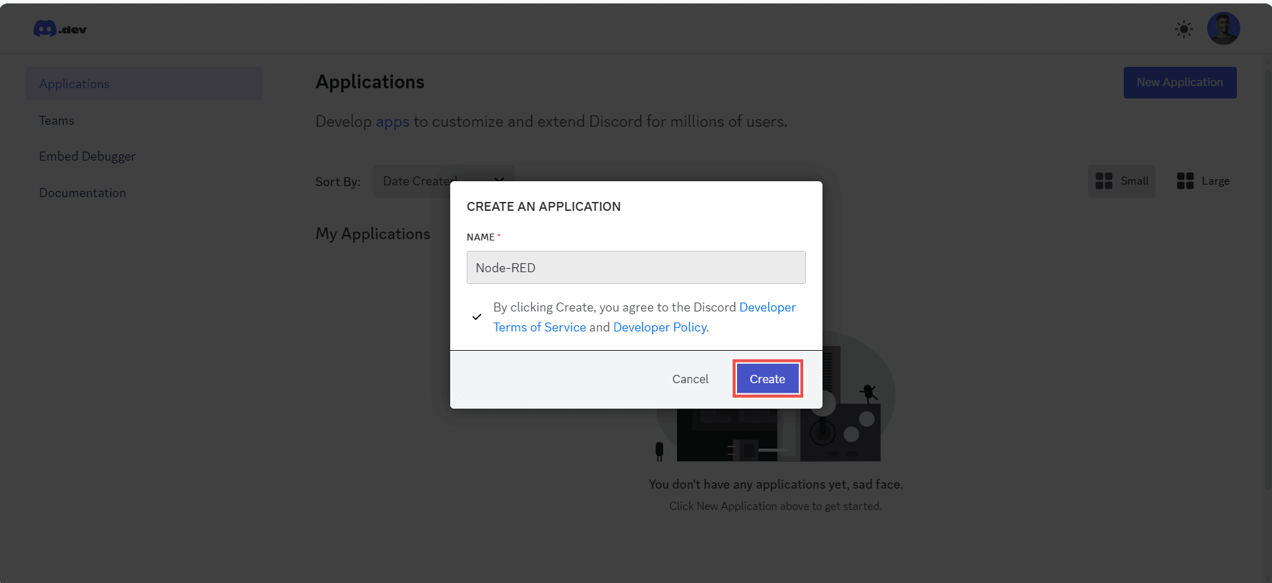 Screenshot showing the 'create' button "Screenshot showing the 'create' button"